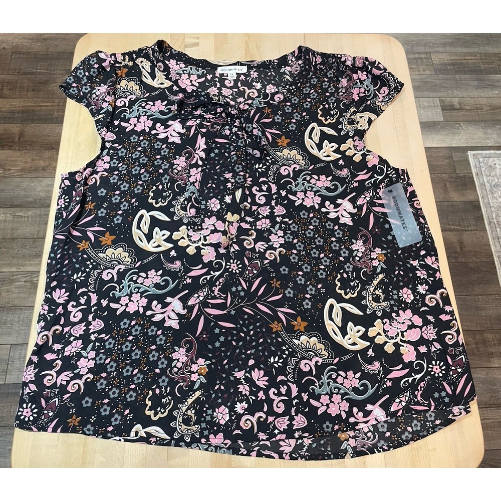 Black Pink Floral Print Cap Sleeve Tied Round Neck Tank Top 2X Whimsigoth Fairy